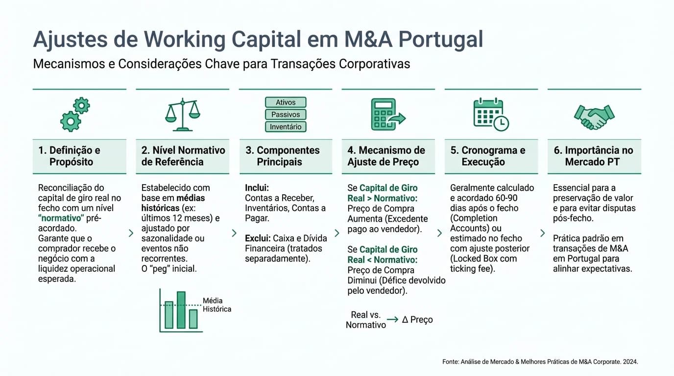 Infográfico sobre ajustes de working capital em M&A: target, lockbox, mecanismo de true-up e impacto no preço final em Portugal.