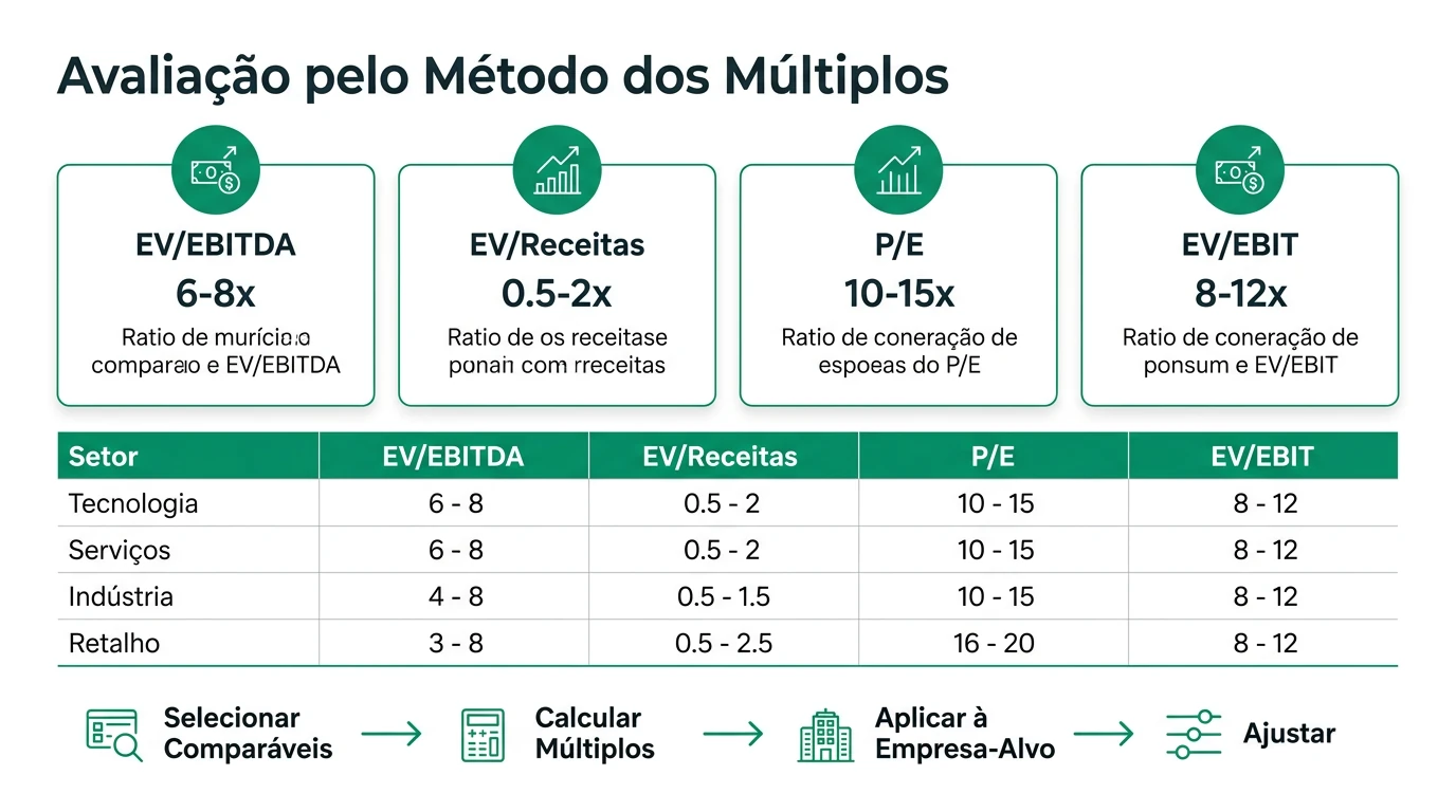 Infográfico sobre avaliação de empresas pelo método dos múltiplos mostrando os principais rácios EV/EBITDA e EV/Revenue por setor em Portugal com exemplos de cálculo