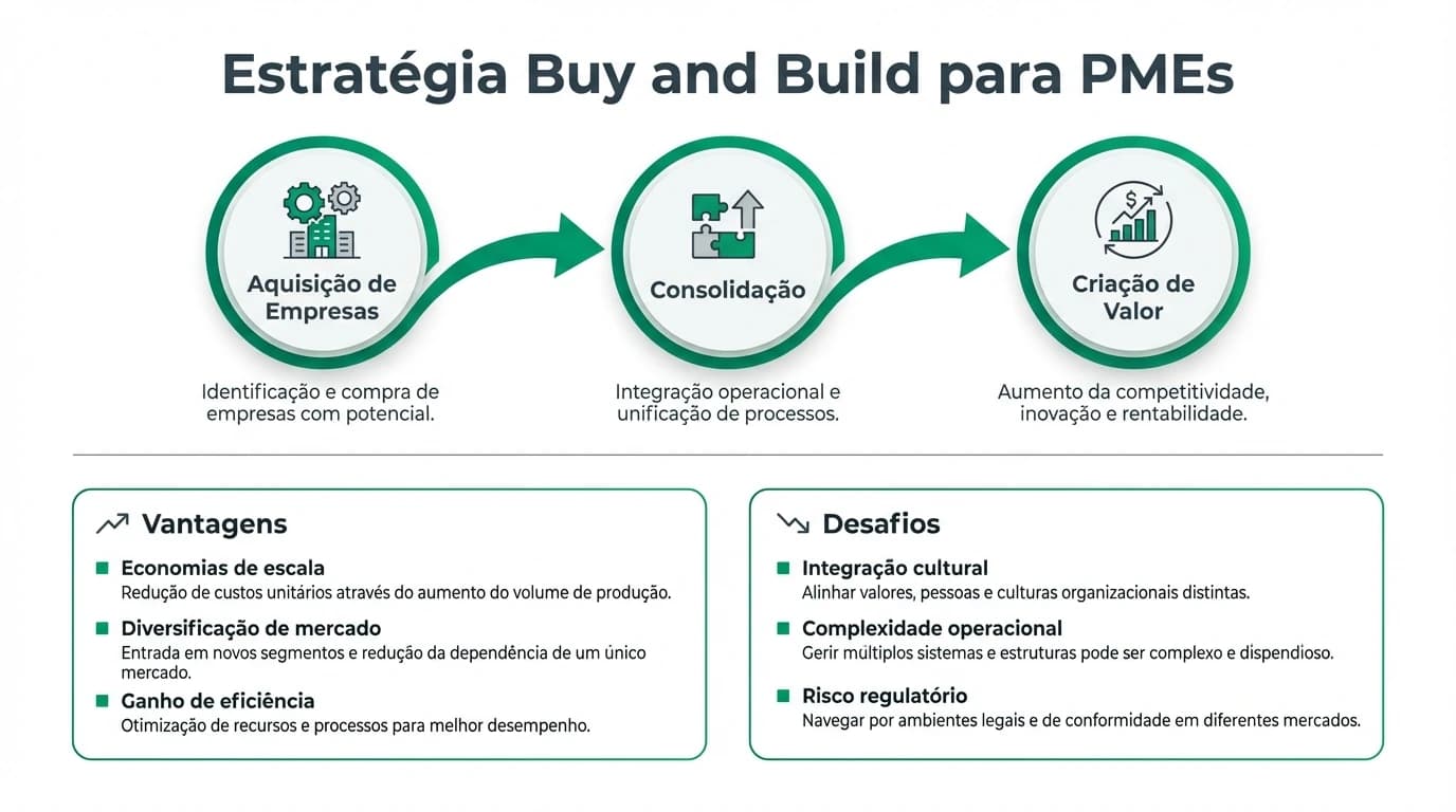 Infográfico profissional que explica a estratégia buy and build para PMEs, com fluxo de aquisição, consolidação e criação de valor, incluindo vantagens e desafios principais.