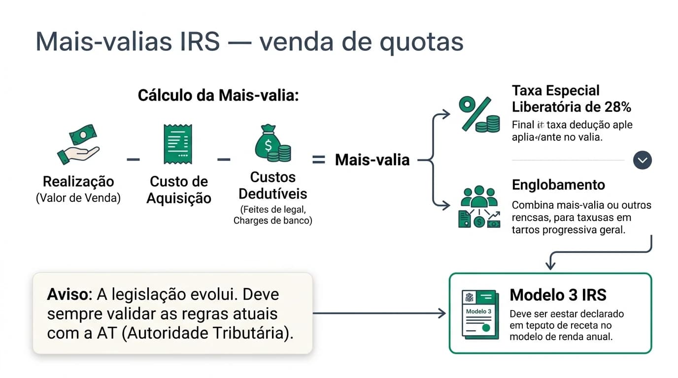 Diagrama da calculadora de mais-valias na venda de quotas de Lda: entradas de valor de realização e custo de aquisição, ramificação IRS com artigo 43.º CIRS, saída de imposto estimado e Imposto de Selo 0,8%.