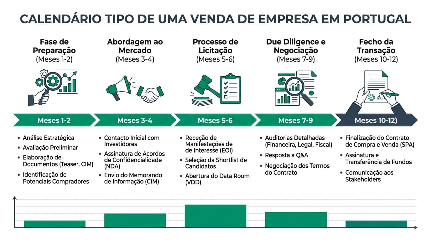 Infográfico com calendário tipo de venda de empresa: timeline, etapas e prazos típicos em Portugal.