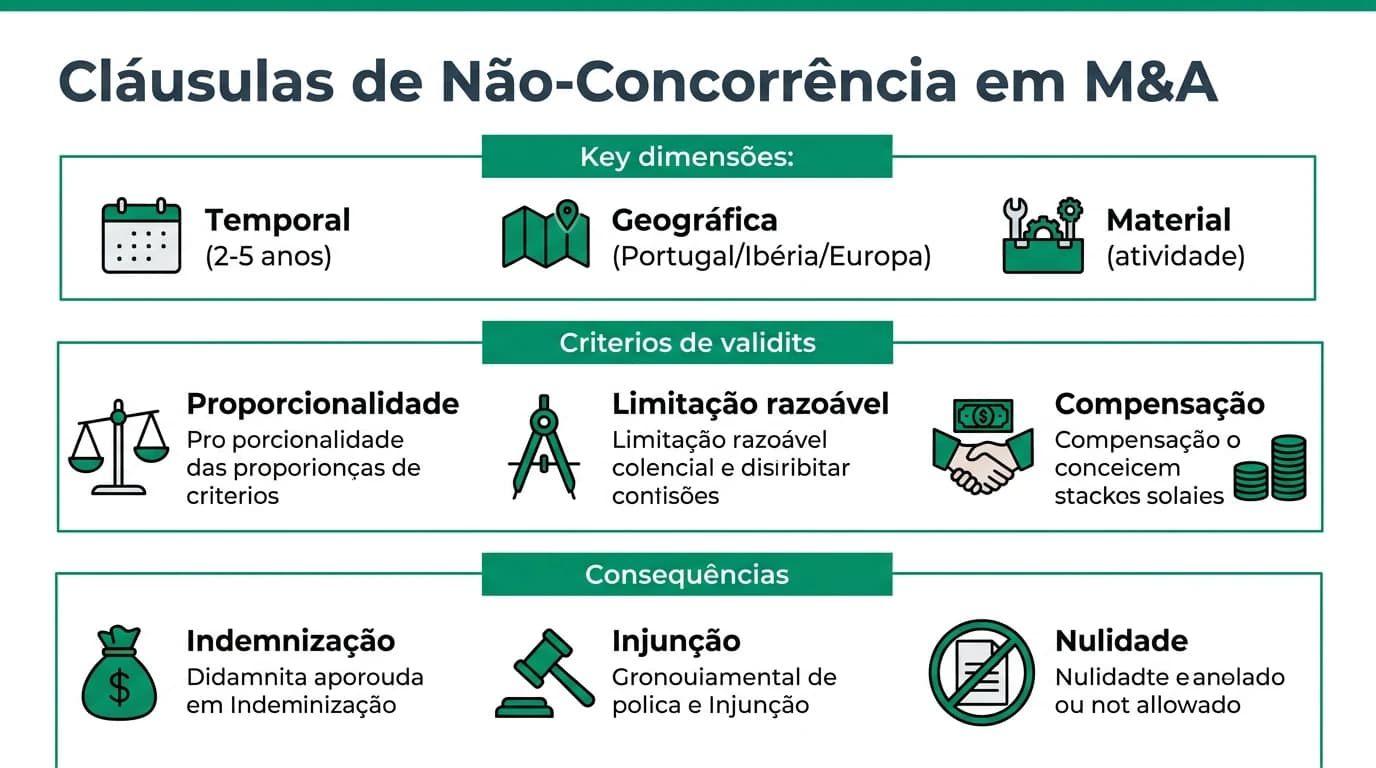 Infográfico jurídico sobre cláusulas de não-concorrência em operações de M&A em Portugal mostrando limites temporais, geográficos, materiais e critérios de validade