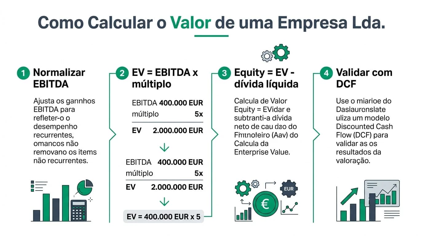 Infográfico em português sobre como calcular o valor de uma empresa Lda em Portugal: normalizar EBITDA, aplicar múltiplo, obter equity e validar com fluxos de caixa descontados.