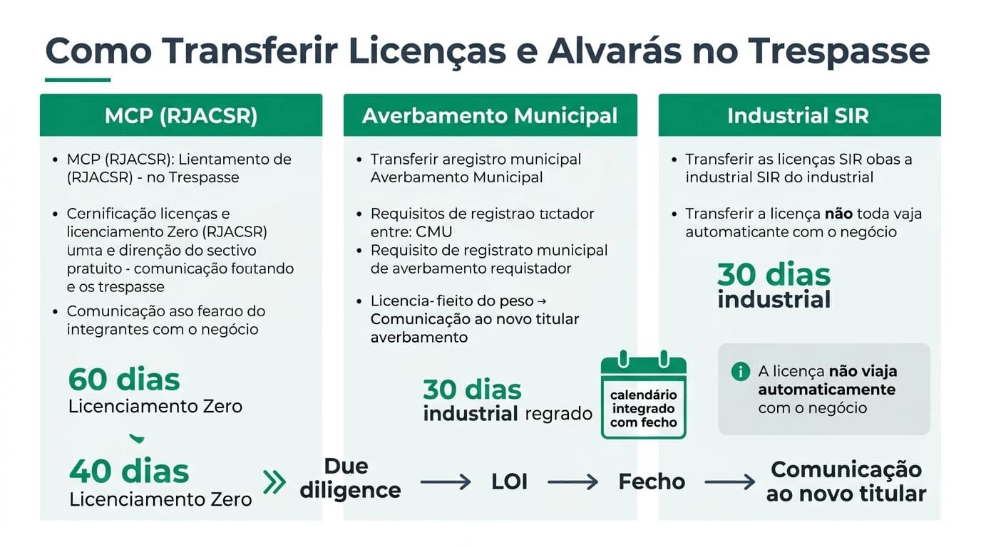 Infográfico profissional em português: três vias de transferência de licenças no trespasse — MCP RJACSR, averbamento em autorização municipal e comunicação industrial SIR — com prazos de 30 e 60 dias e ligação ao calendário de fecho.