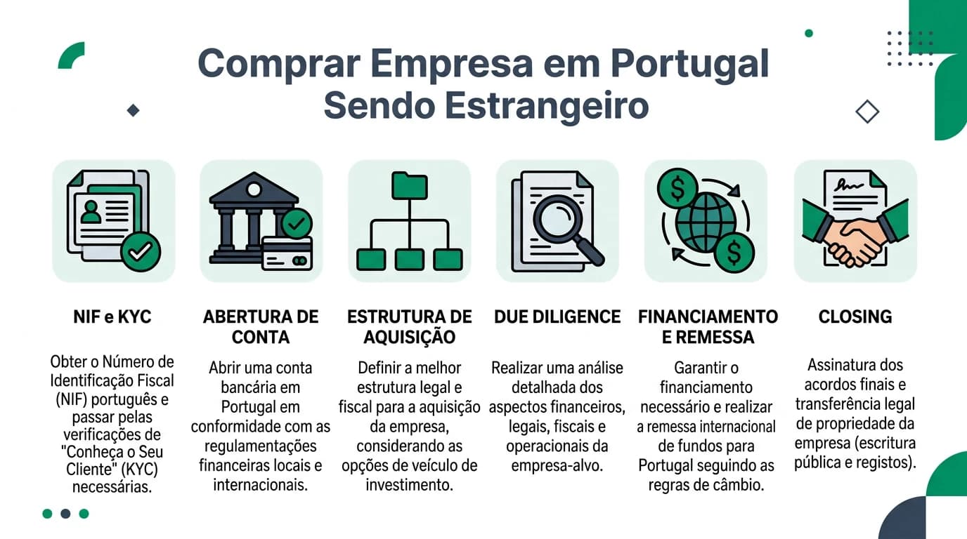 Infográfico 16:9 sobre compra de empresa em Portugal por investidor estrangeiro, com etapas de NIF, KYC bancário, estrutura de aquisição, due diligence, transferência de fundos e closing.