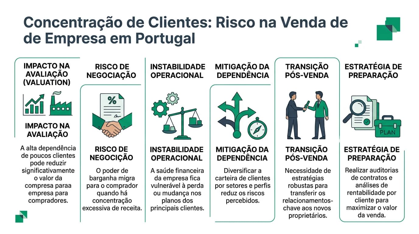 Infográfico sobre concentração de clientes: risco, desvalorização e mitigação na venda em Portugal.
