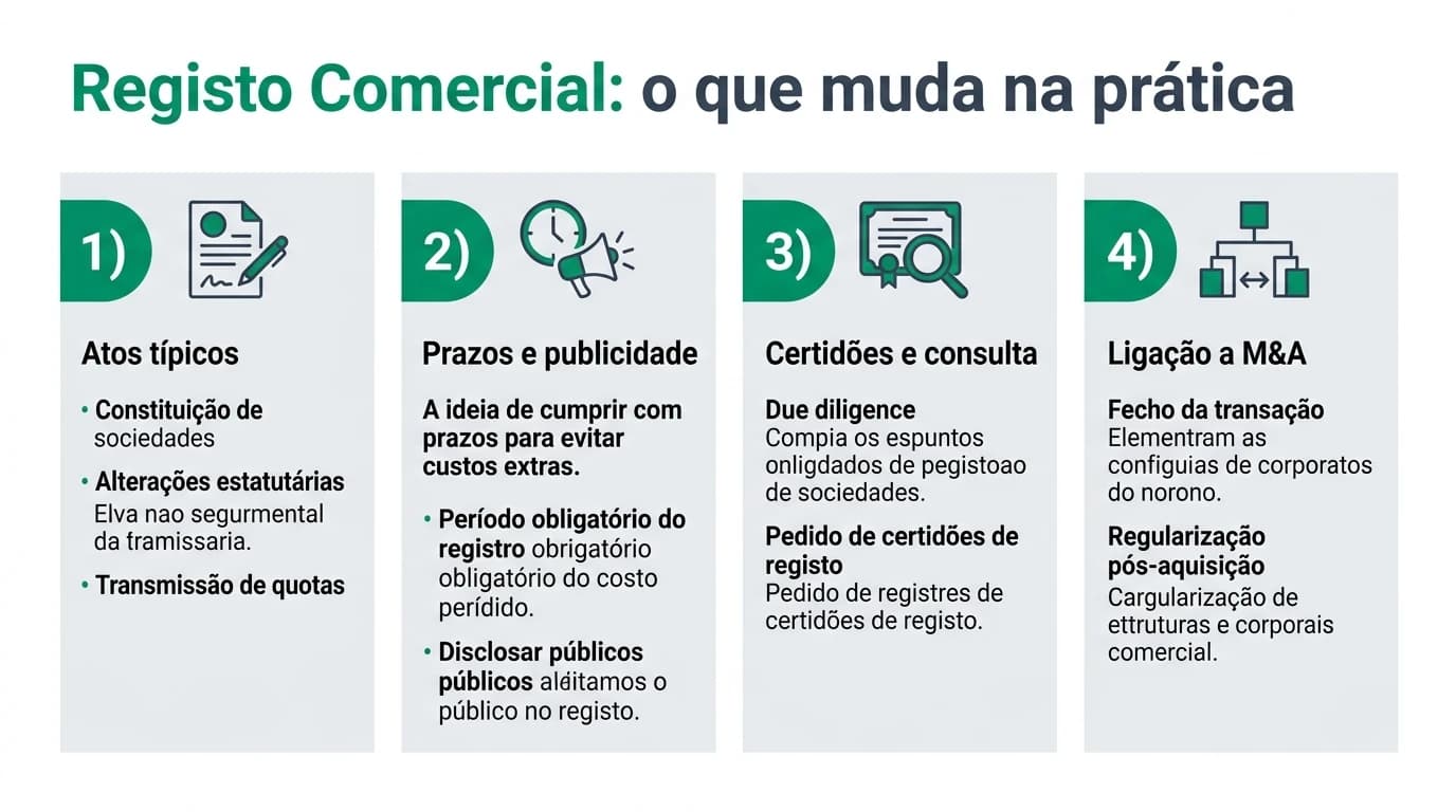Diagrama executivo sobre registo comercial em Portugal: fluxo de atos societários, prazos, certidões na due diligence e ligação ao fecho em M&A de PMEs.