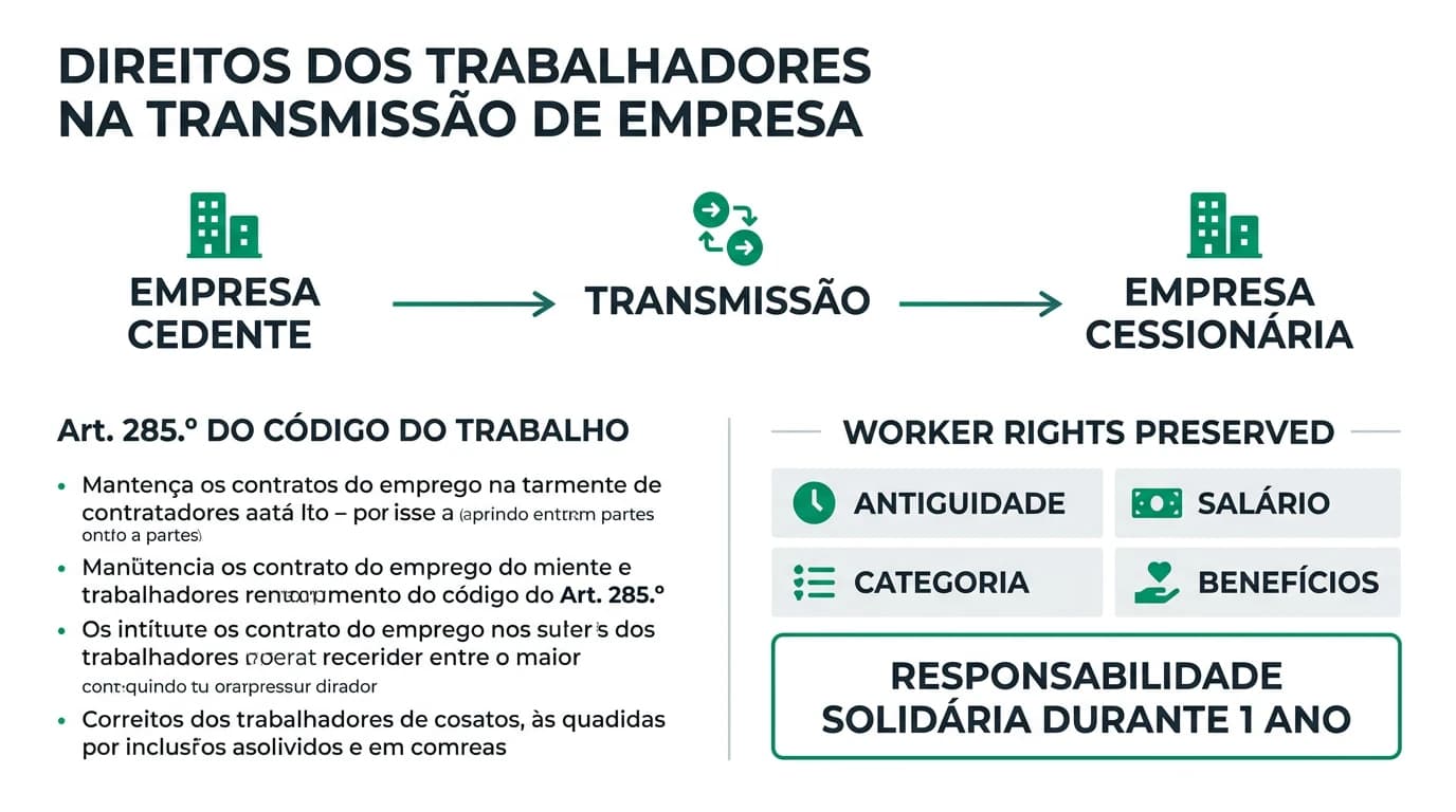 Infográfico sobre a transmissão automática de contratos de trabalho na venda de empresas em Portugal, com fases de comunicação, direitos dos trabalhadores e responsabilidade solidária