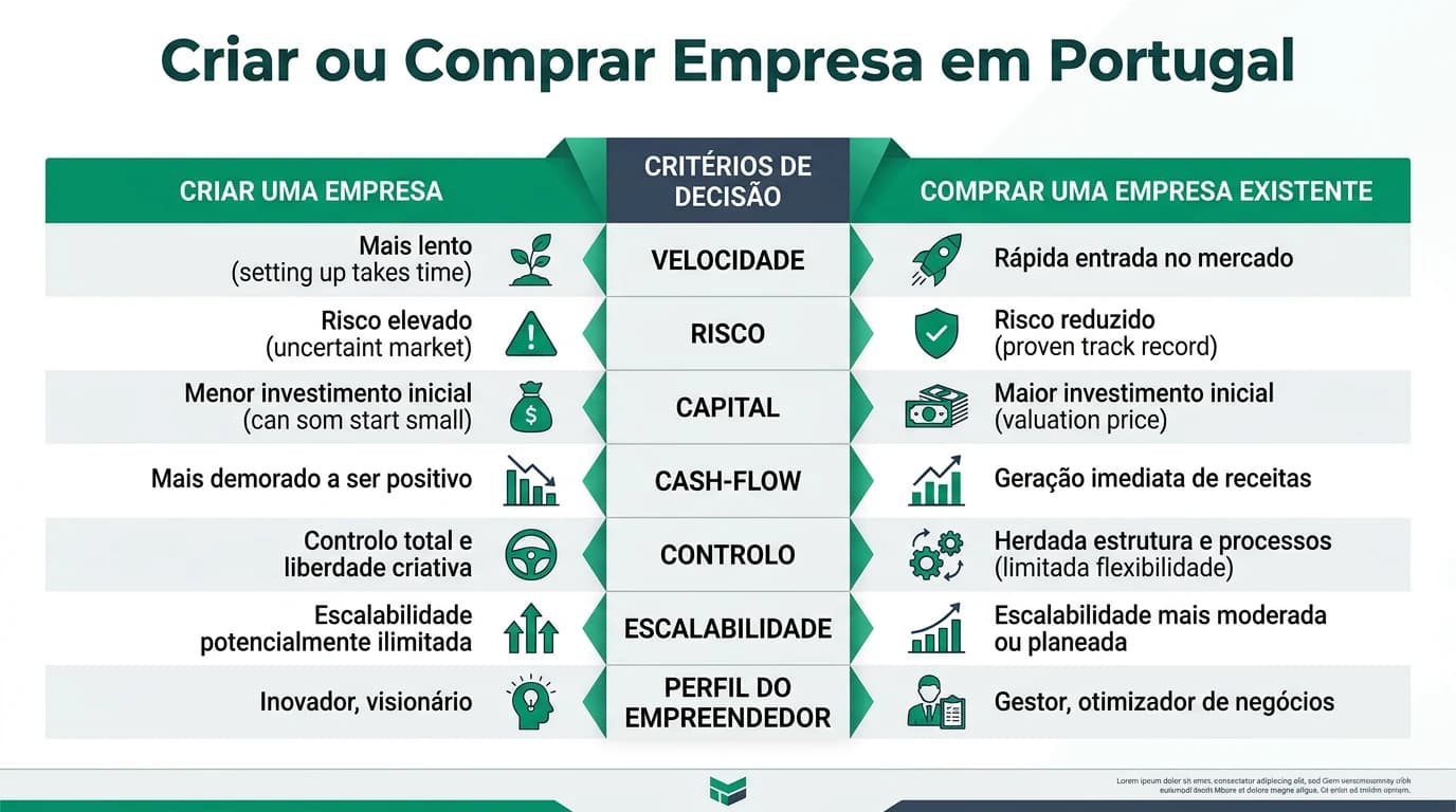 Infográfico 16:9 que compara criar ou comprar empresa em Portugal, com critérios de velocidade, risco, capital, cash-flow, controlo, escalabilidade e perfis de decisão do empreendedor.