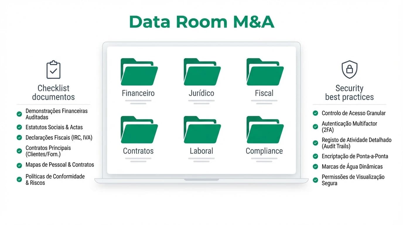 Infográfico com a estrutura de um data room M&A: pastas financeira, jurídica, comercial, compliance, com checklist de documentos e boas práticas de segurança.