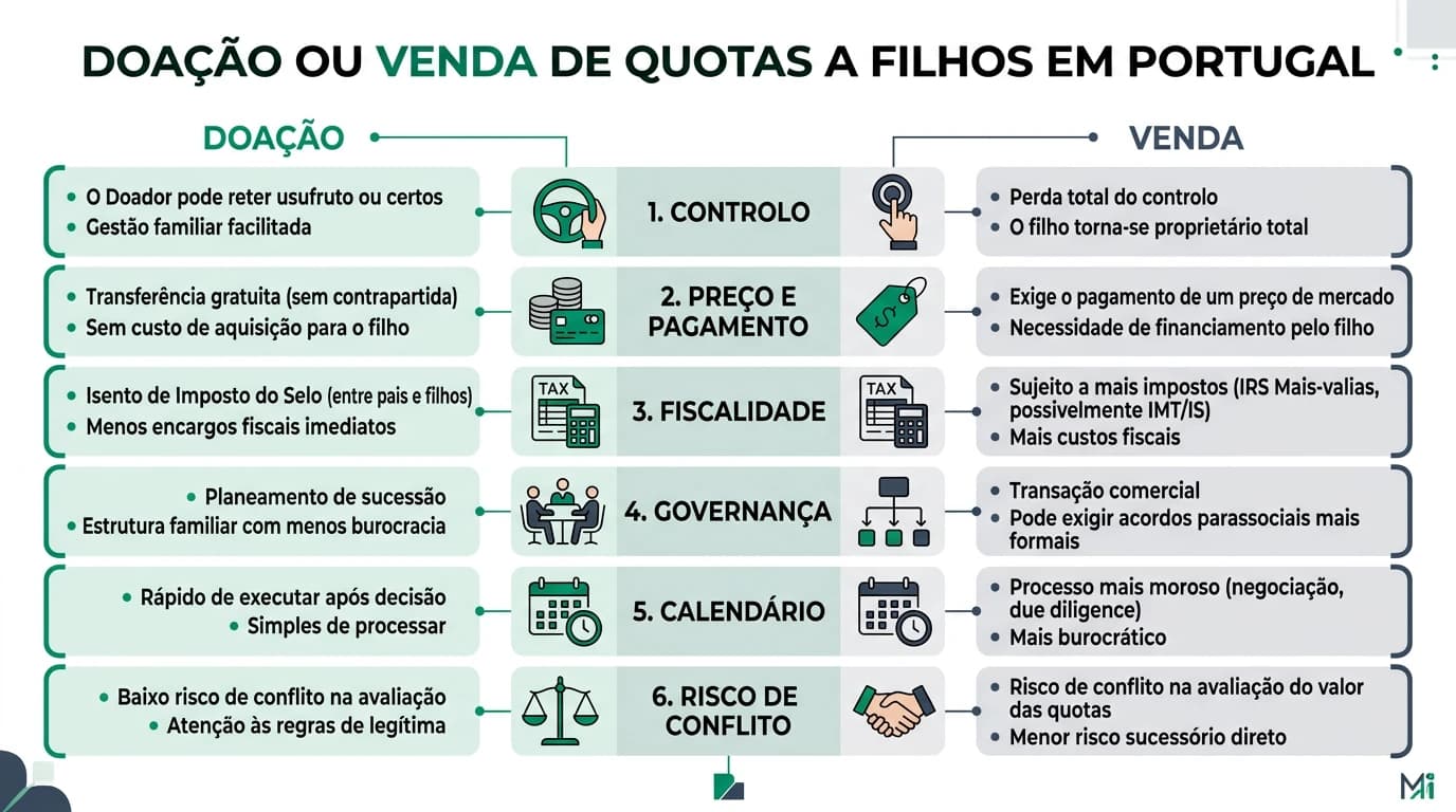 Infográfico 16:9 sobre doação ou venda de quotas a filhos em Portugal, comparando controlo, preço, fiscalidade, governação familiar, documentação e momento ideal para a transmissão.