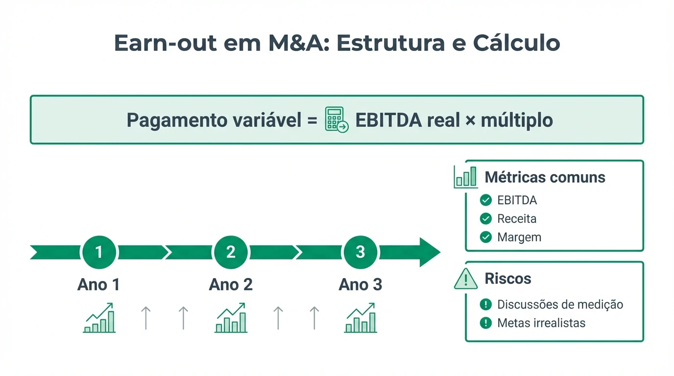 Esquema ilustrativo de um earn‑out aplicado ao caso modelo de uma PME portuguesa: pagamento inicial consolidado ao fecho, metas financeiras intercalares durante dois anos na companhia alvo.