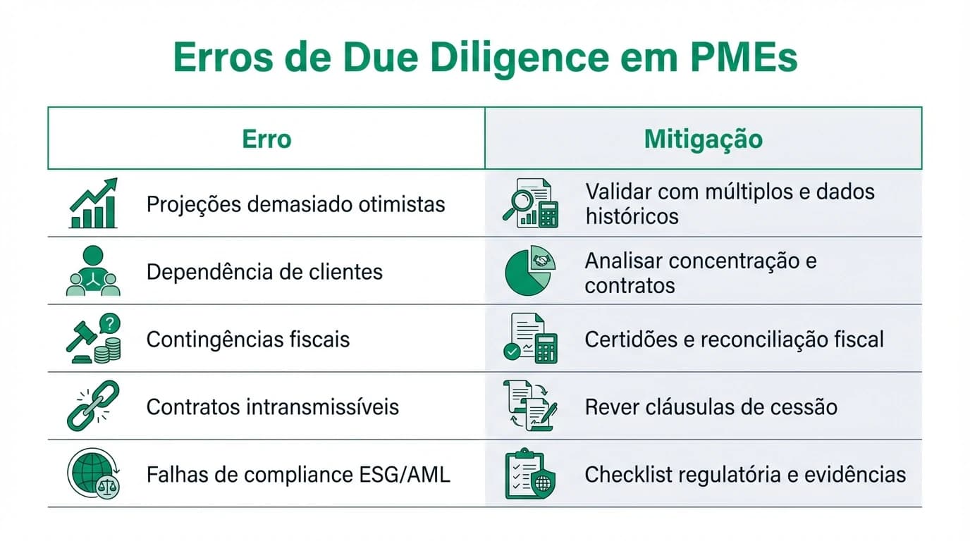 Infográfico com os erros mais comuns na due diligence de PMEs, apresentando causas, impactos e mitigação para compras de empresas em Portugal.