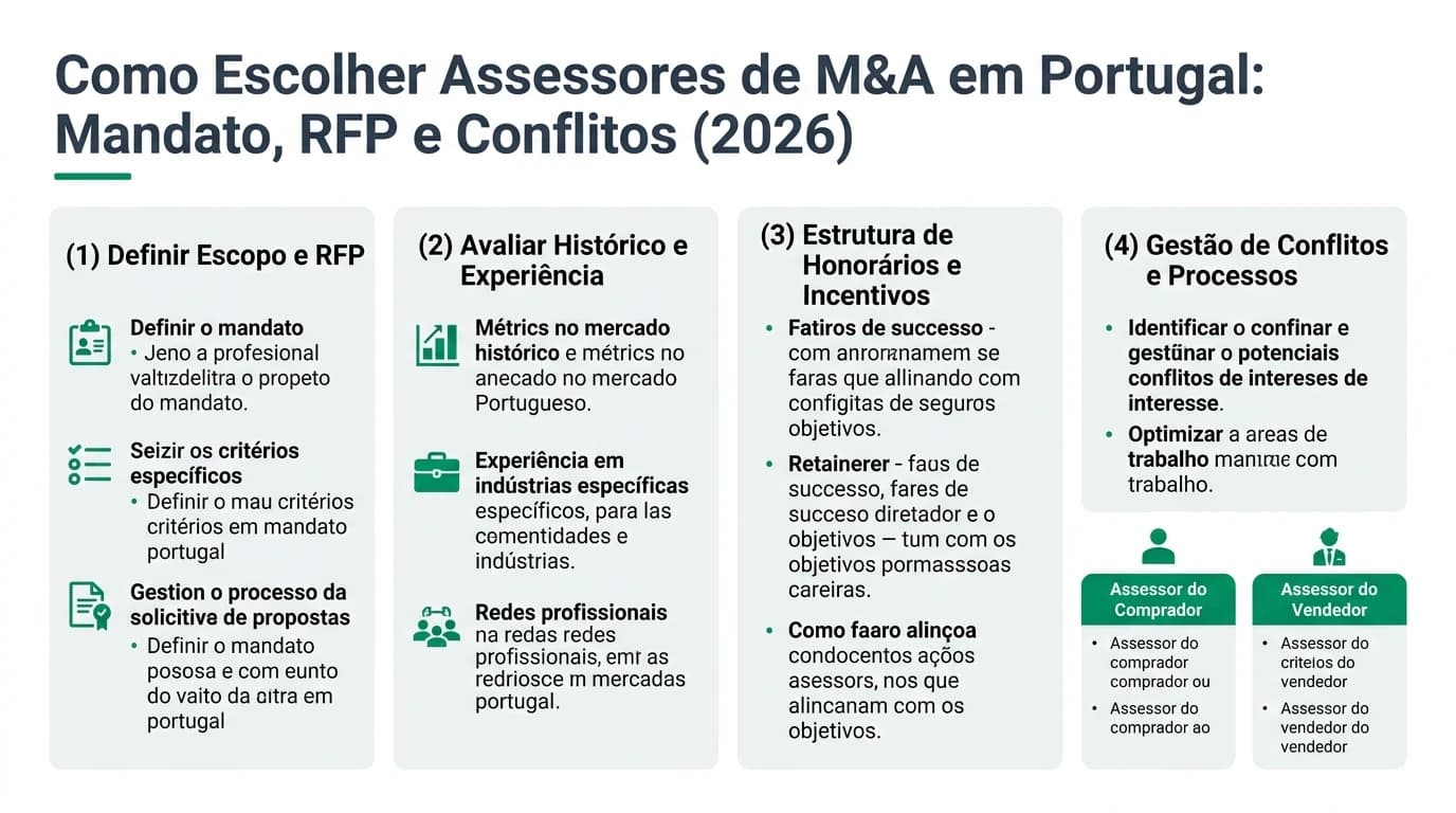 Uma equipa de assessores de M&A a discutir estratégias de aquisição para uma PME portuguesa, destacando a importância da escolha criteriosa de consultores financeiros e jurídicos.