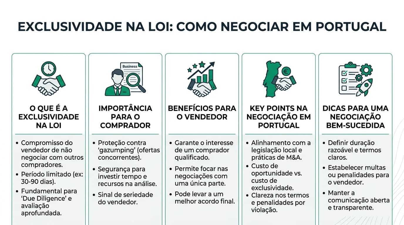 Infográfico sobre exclusividade na LOI: duração, compensação e negociação em Portugal.