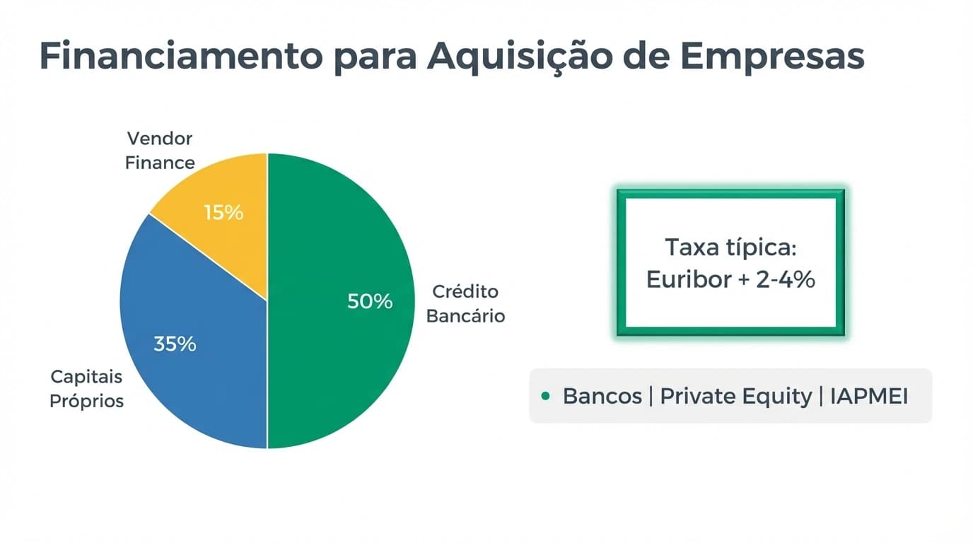 Infográfico resumo das fontes de financiamento institucional para aquisição de PMEs em Portugal, incluindo garantia mútua, programas operacionais Portugal 2030 e articulação com o crédito bancário e capitais próprios do comprador.