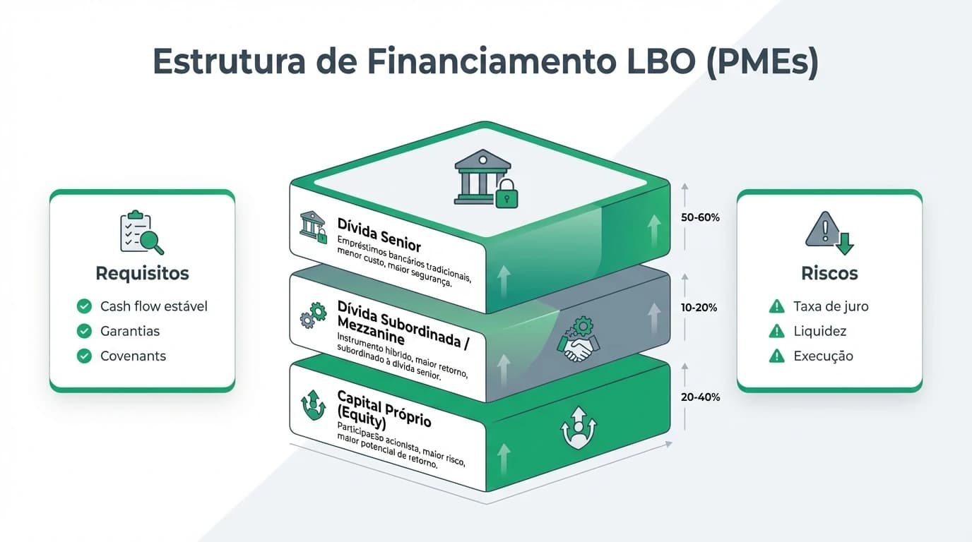 Infográfico sobre a estrutura de financiamento de um LBO em PMEs com camadas de dívida e equity, requisitos e riscos principais em Portugal.