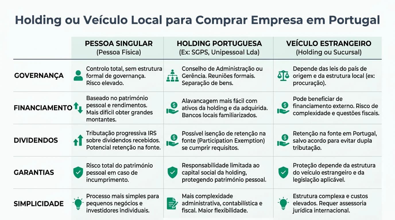Infográfico 16:9 que compara pessoa singular, holding portuguesa e veículo estrangeiro para comprar empresa em Portugal, com critérios de governação, financiamento, dividendos, garantias e simplicidade.