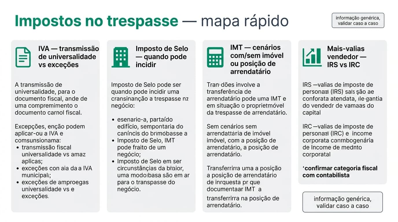Mapa visual da incidência de IVA e IMT no trespasse de negócio em Portugal, com referência ao CIVA e ao CIMT, em estilo consultoria corporativa.