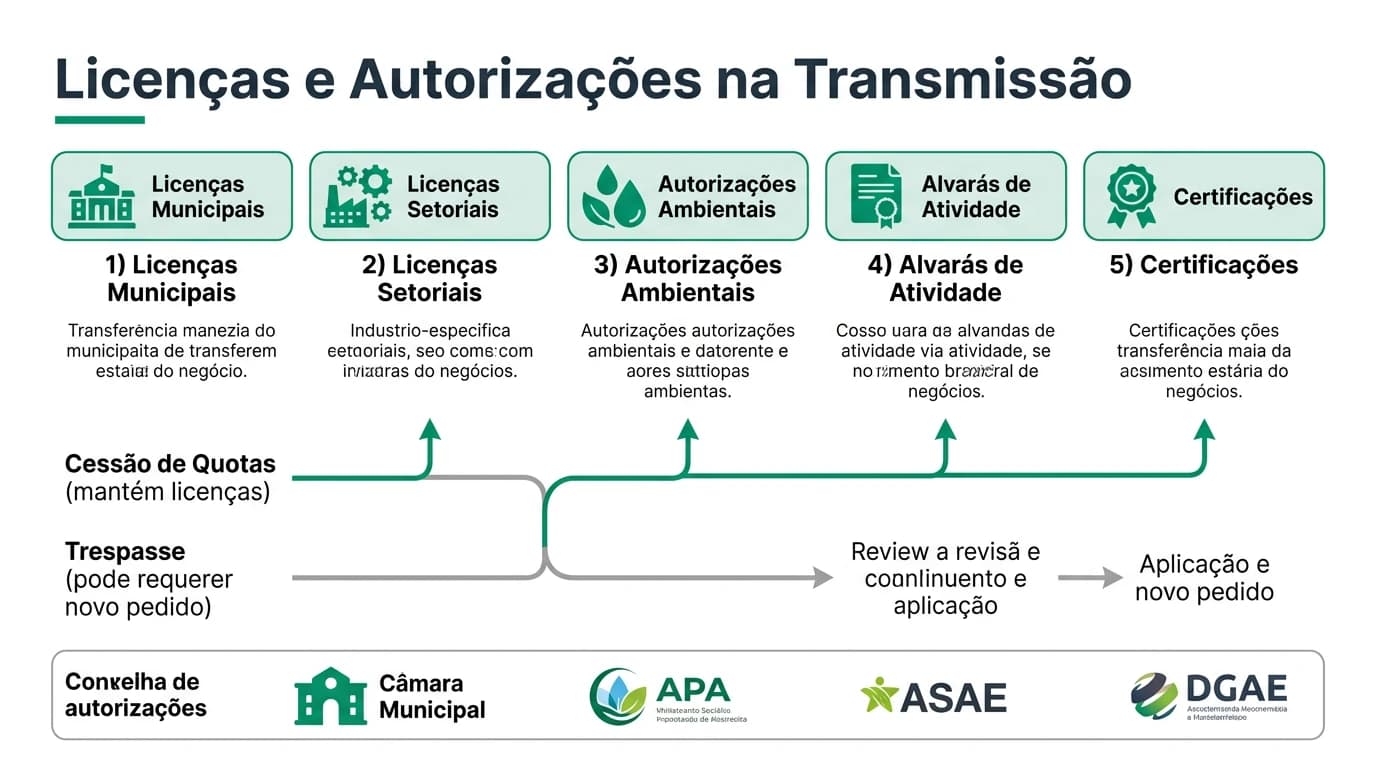 Infográfico profissional mostrando o mapa de licenças e autorizações necessárias na transmissão de empresa em Portugal, incluindo alvarás municipais, licenças setoriais, autorizações ambientais e comparação entre asset deal e share deal