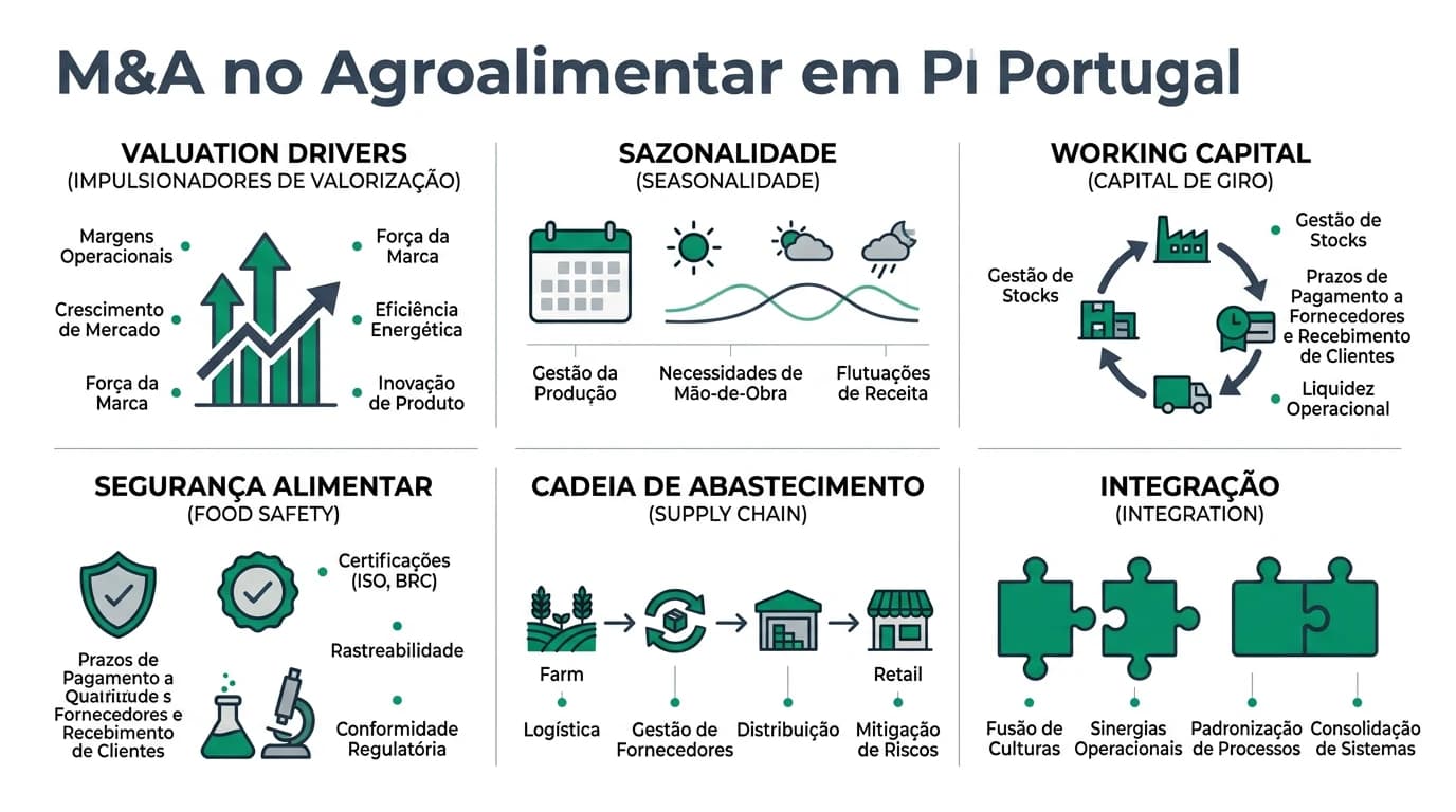 Infográfico 16:9 sobre M&A no agroalimentar em Portugal, com drivers de valuation, sazonalidade, working capital, segurança alimentar, cadeia de abastecimento e integração operacional.
