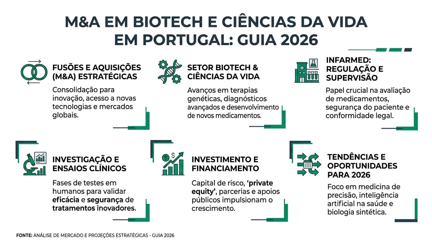 Infográfico sobre M&A em biotech e ciências da vida em Portugal: INFARMED, ensaios clínicos, pipelines e due diligence regulatória.