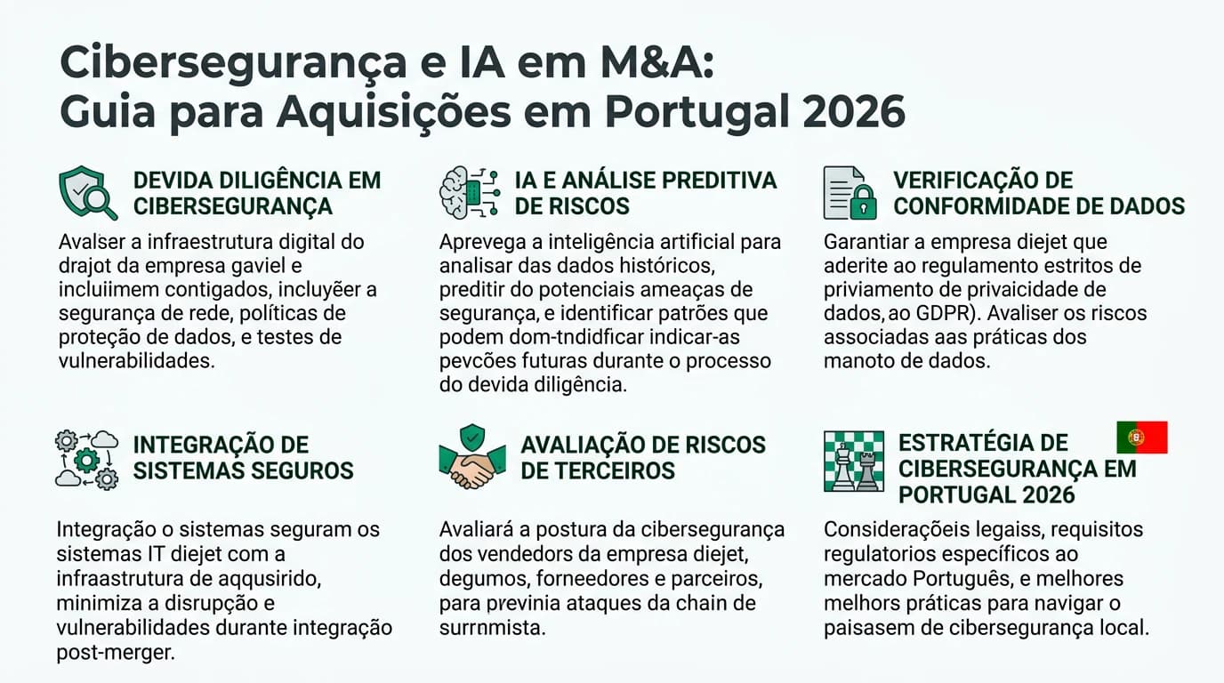 Infográfico sobre M&A em cibersegurança e IA em Portugal: due diligence tecnológica, valorização de IP, retenção de talento e conformidade.