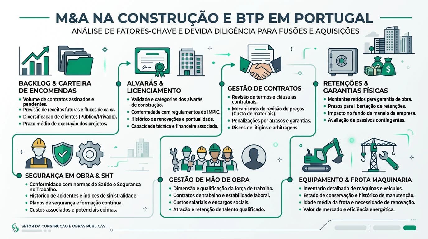 Infográfico 16:9 sobre M&A na construção e BTP em Portugal, com backlog, alvarás, contratos, retenções, segurança em obra, mão de obra e equipamento crítico.