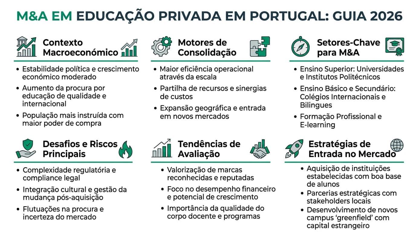 Infográfico sobre M&A em educação privada em Portugal: regulamentação, valuation, due diligence e integração.