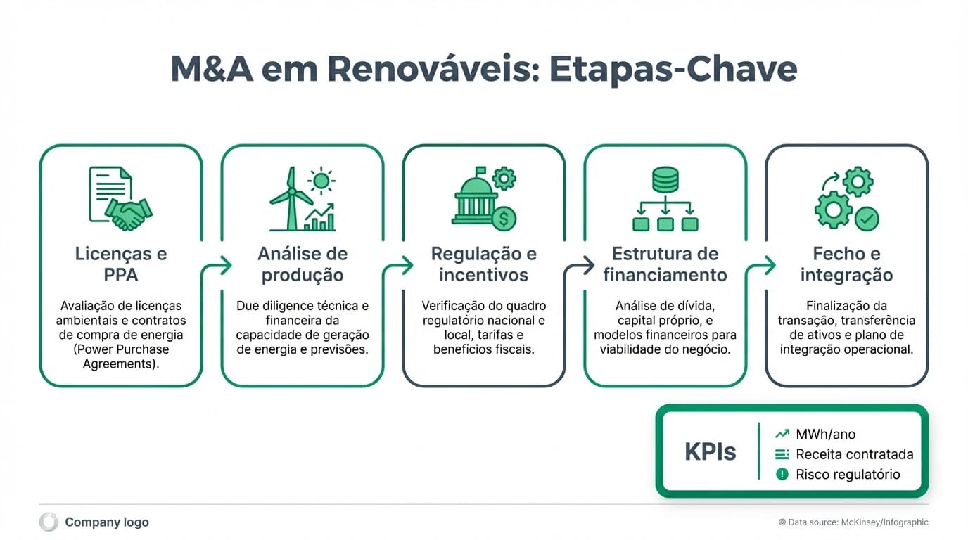 Infográfico com as etapas de M&A em renováveis: licenças, análise de produção, regulação, financiamento e integração.