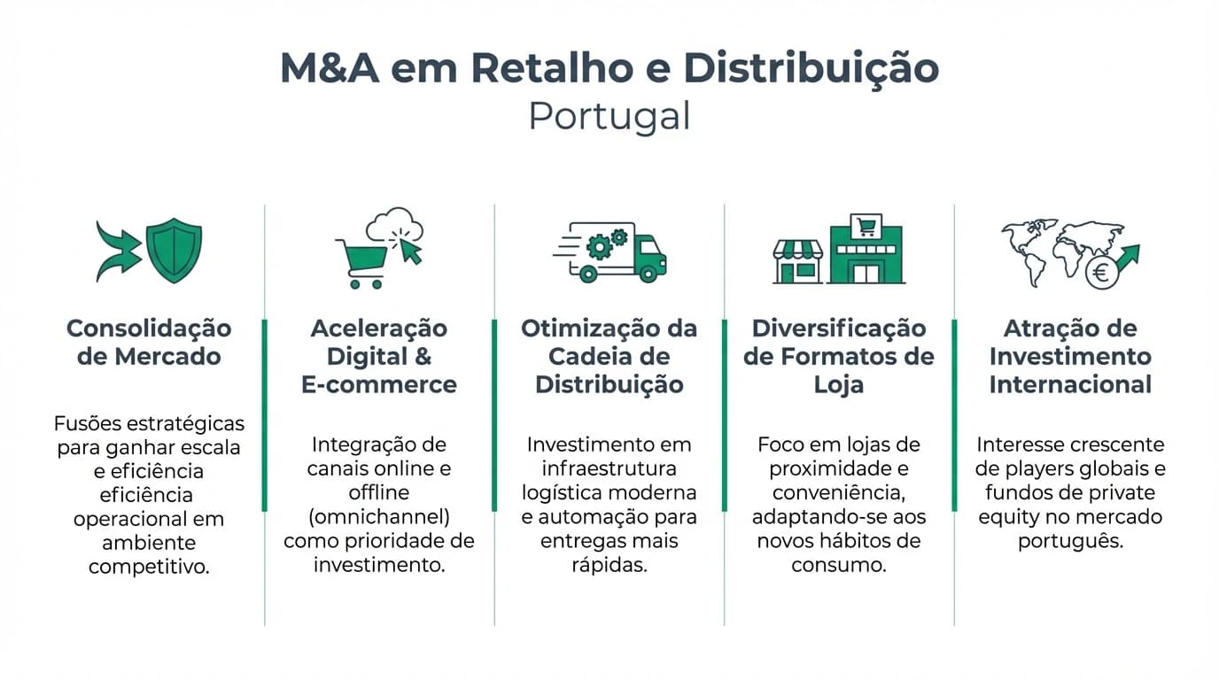 Infográfico sobre M&A em retalho e distribuição em Portugal: valuation, due diligence, arrendamentos, stocks e tendências do setor.