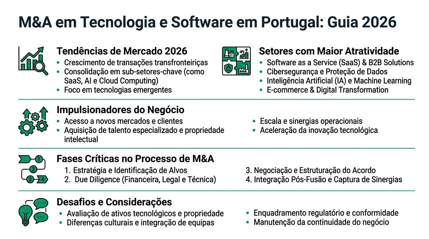Infográfico sobre M&A em tecnologia e software em Portugal.