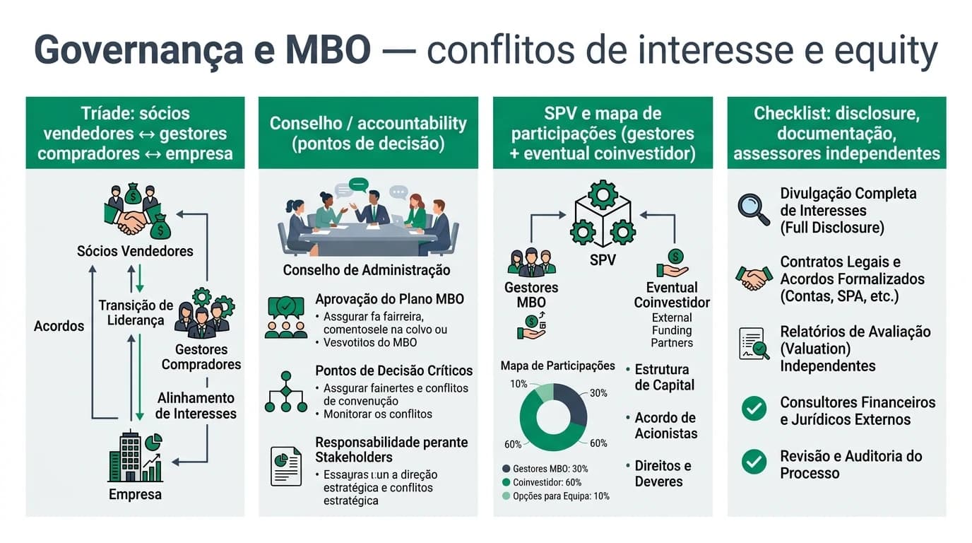 Infográfico horizontal sobre governança em Management Buy-Out em Portugal: tensão entre sócios vendedores, equipa de gestão compradora e assessores independentes; mapa de decisões e de estrutura de participações na SPV.