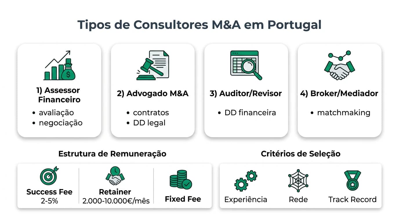 Infográfico comparativo dos diferentes tipos de consultores M&A em Portugal, com estrutura de honorários, funções e critérios de seleção para compra e venda de empresas