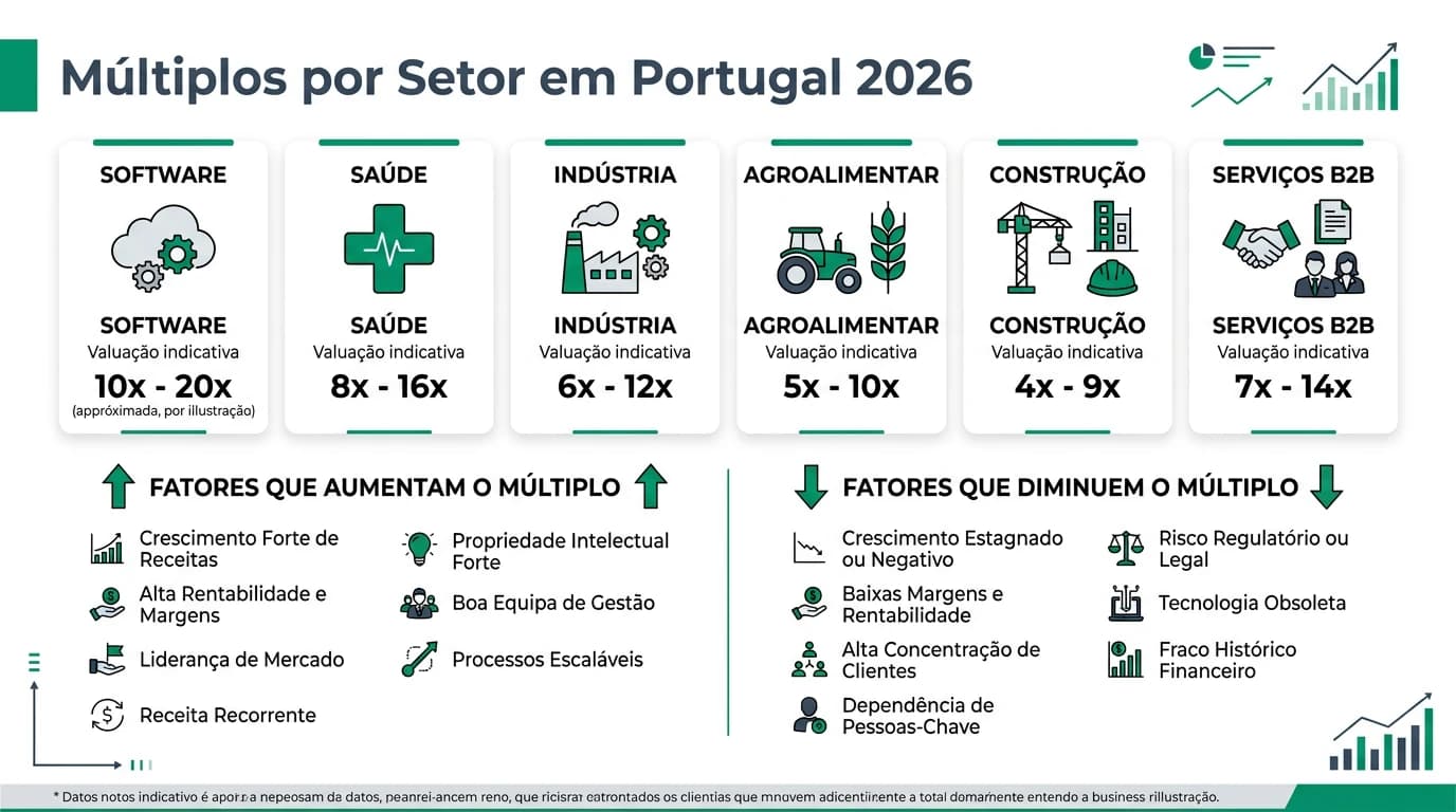 Infográfico 16:9 com múltiplos indicativos por setor em Portugal em 2026, mostrando diferenças entre software, saúde, indústria, agroalimentar, construção e serviços B2B.