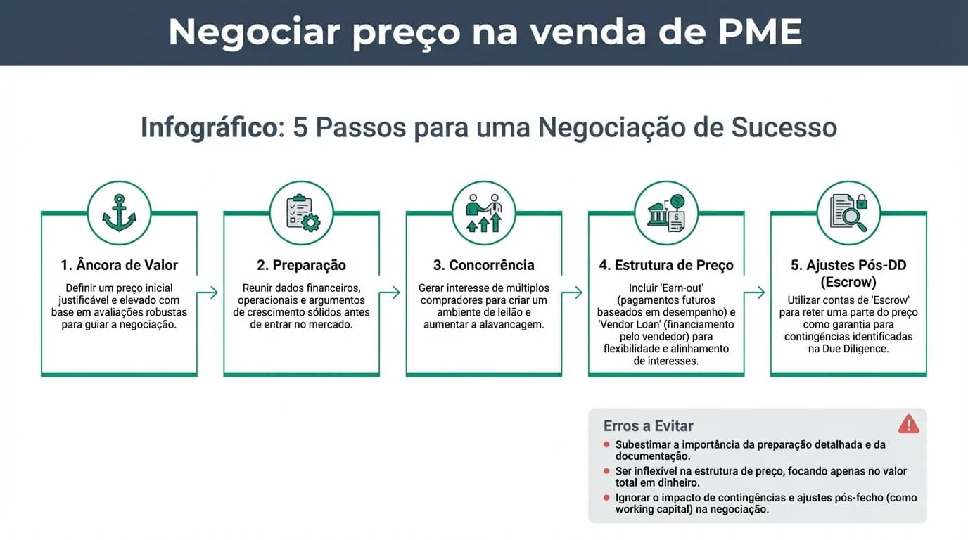 Infográfico horizontal 16:9 com os 5 passos para negociar preço na venda de uma PME em Portugal: âncora de valor, preparação, concorrência, estrutura de preço e ajustes pós-due diligence, além de erros a evitar.
