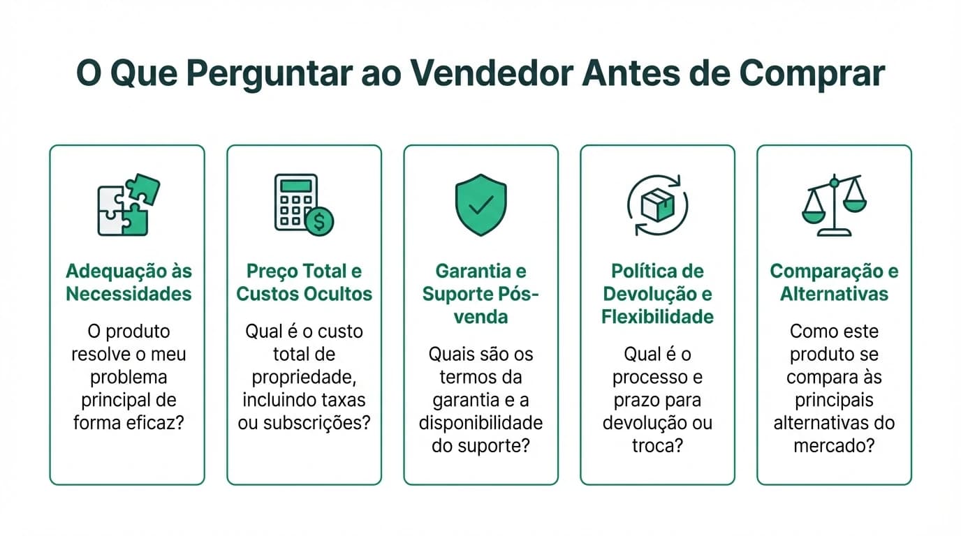Infográfico com as categorias de perguntas ao vendedor: financeiras, comerciais, operacionais, jurídicas e pessoais, com exemplos e red flags.