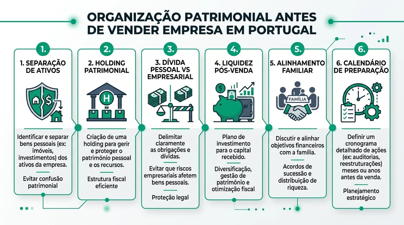 Infográfico 16:9 sobre organização patrimonial antes de vender empresa em Portugal, com separação entre ativos operacionais e pessoais, holding, planeamento fiscal, liquidez e sequência de preparação pré-venda.