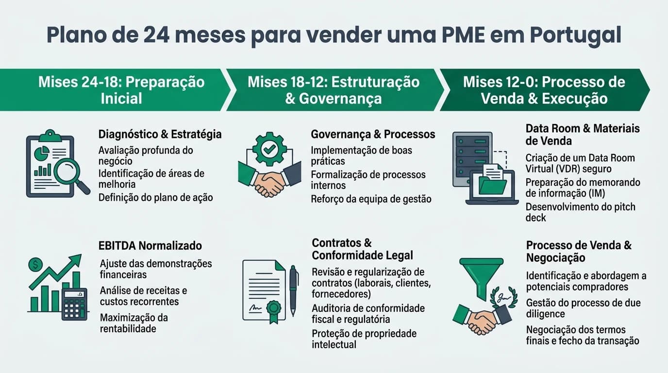 Infográfico profissional sobre plano de 24 meses para vender uma PME em Portugal, com fases temporais 24-18, 18-12 e 12-0 meses, entregáveis e métricas para compradores.