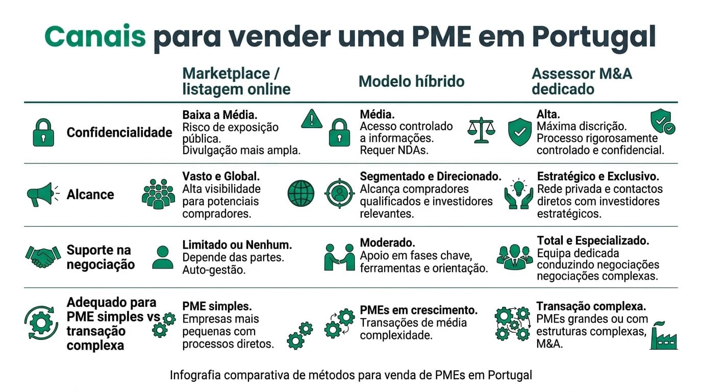 Três colunas comparando listagem online, modelo híbrido e assessor dedicado para venda de PME em Portugal.