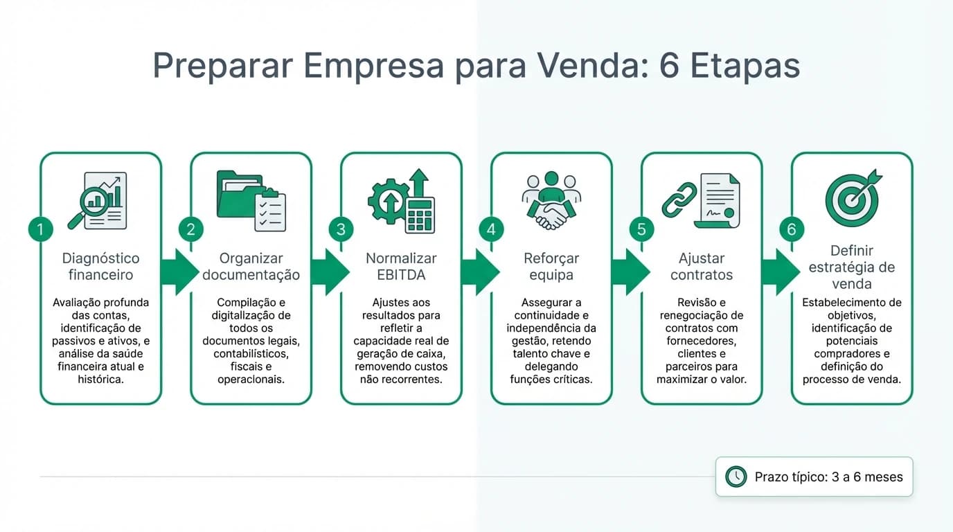Infográfico com as 6 etapas para preparar uma empresa para venda em Portugal, desde diagnóstico financeiro até estratégia de venda, com prazo típico de 3 a 6 meses.