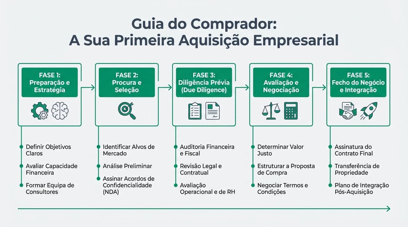 Infográfico com os passos da primeira compra de empresa: definição de perfil, procura, financiamento, due diligence, fecho e integração, com dicas para iniciantes.