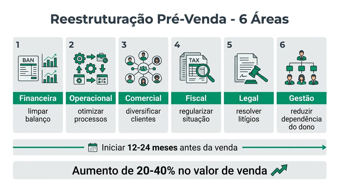 Infográfico detalhado mostrando as seis áreas de reestruturação pré-venda de uma empresa em Portugal: financeira, operacional, comercial, fiscal, jurídica e organizacional, com timeline de 12 a 24 meses e impacto estimado de 20 a 40 por cento na valorização