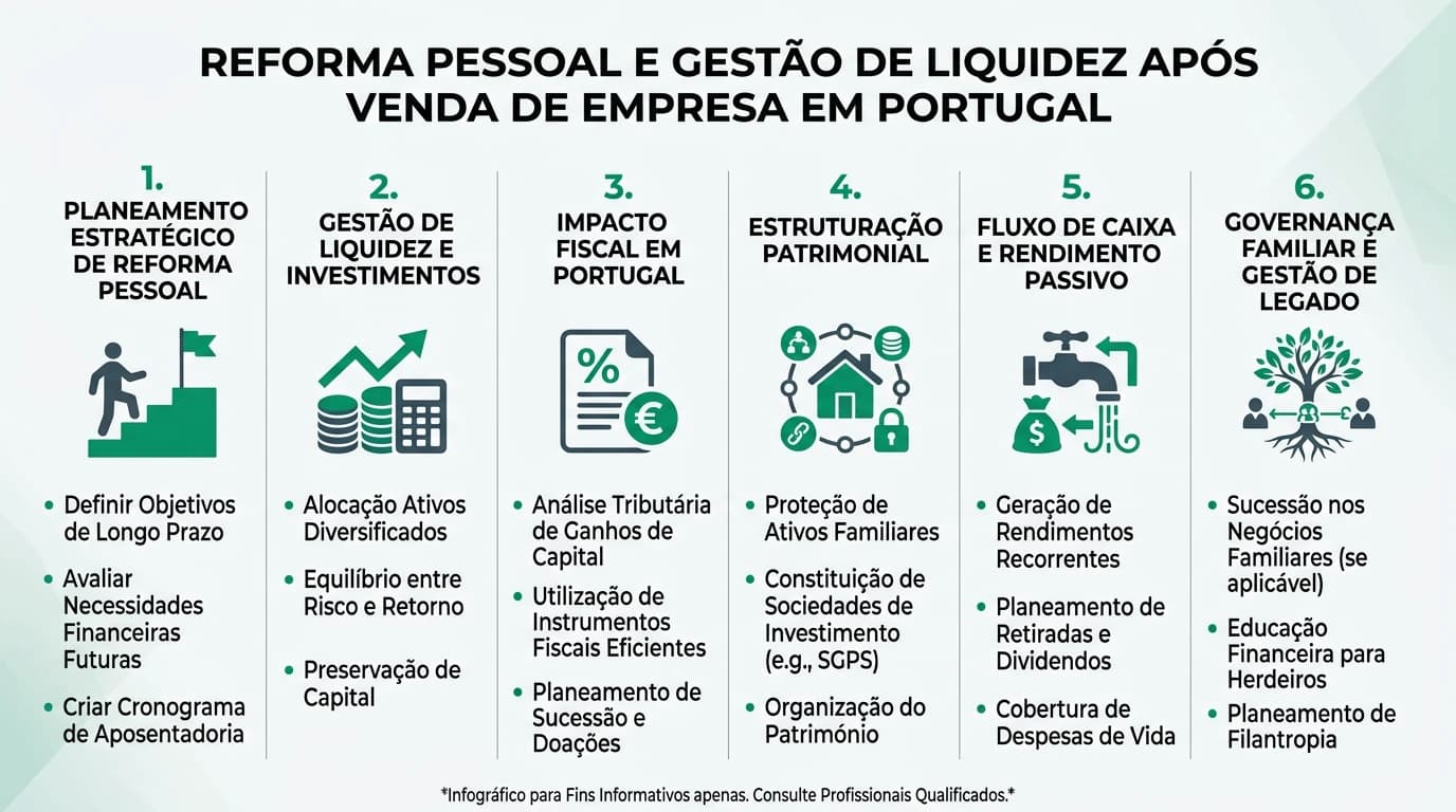 Infográfico sobre reforma pessoal e gestão de liquidez após venda de empresa: impostos, reinvestimento, diversificação e planeamento.