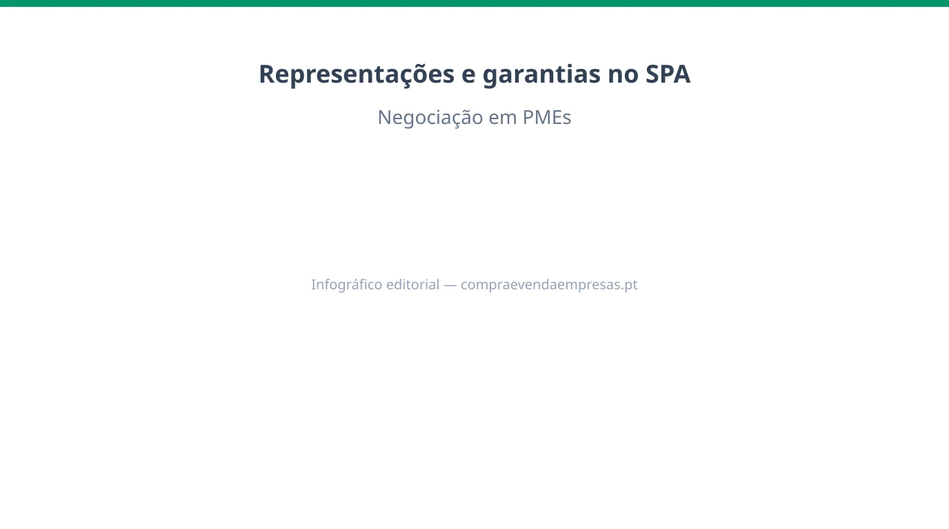 Infográfico 16:9 sobre representações e garantias no SPA em PMEs portuguesas, com baskets, caps, survival e relação com due diligence e escrow.