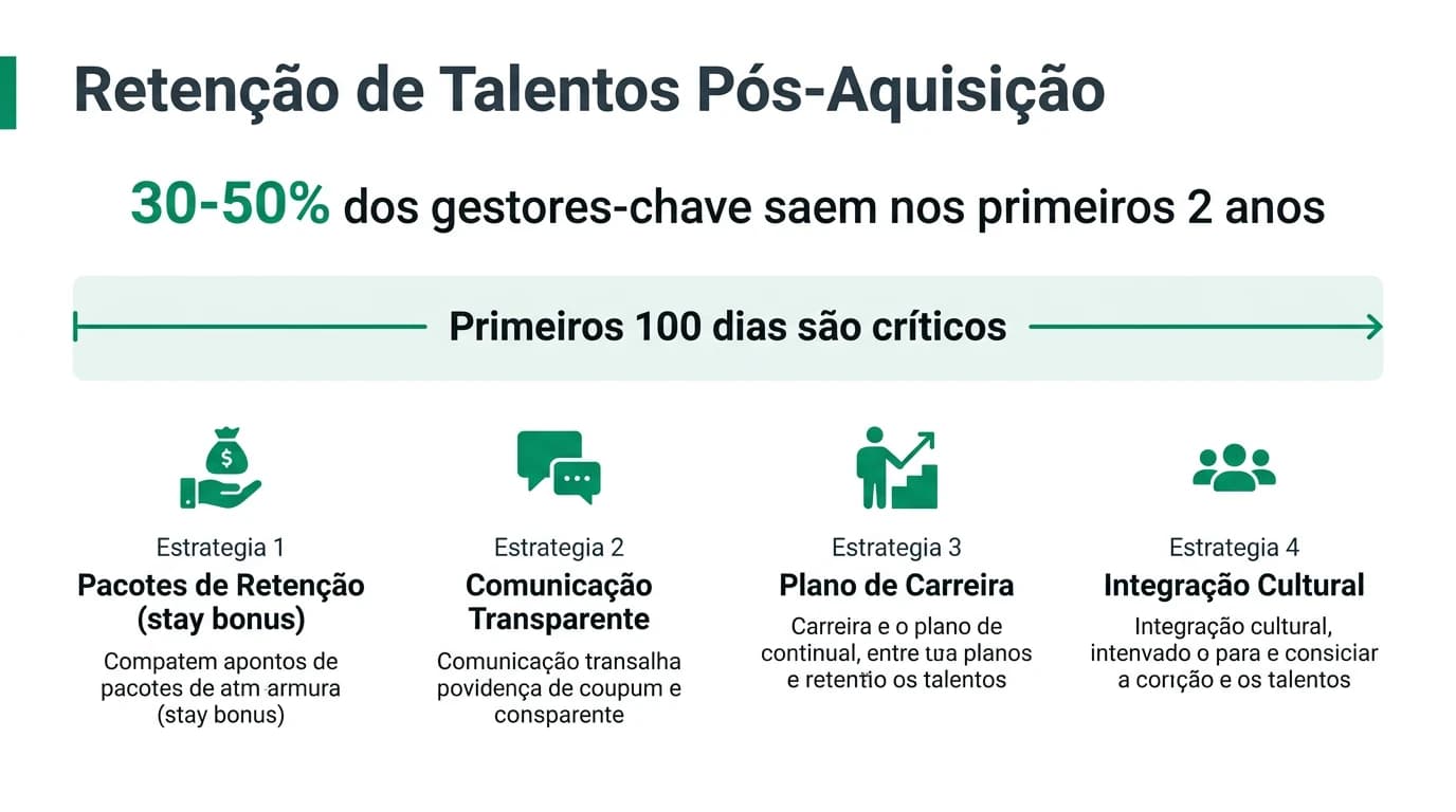 Infográfico sobre estratégias de retenção de talentos após aquisição de empresa em Portugal, incluindo identificação de pessoas-chave, stay bonuses, plano de comunicação e integração cultural