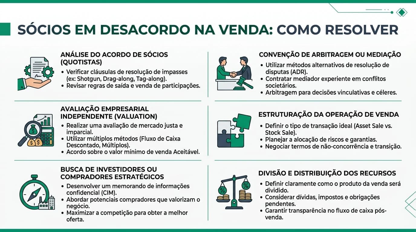 Infográfico sobre resolução de conflitos entre sócios na venda.