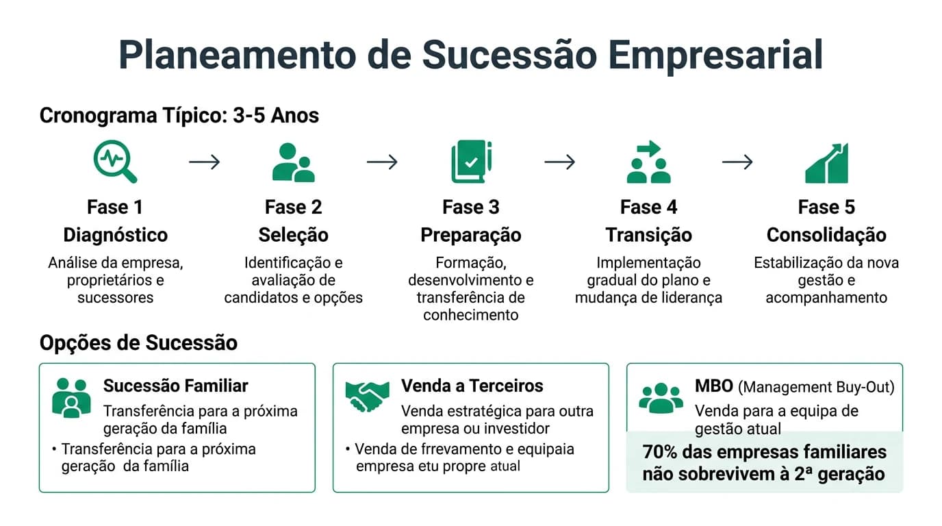 Infográfico 16:9 sobre planeamento de sucessão empresarial em Portugal, com timeline de 3 a 5 anos, três vias de sucessão (familiar, MBO, venda a terceiros), etapas de preparação, governança e aspetos emocionais da transição
