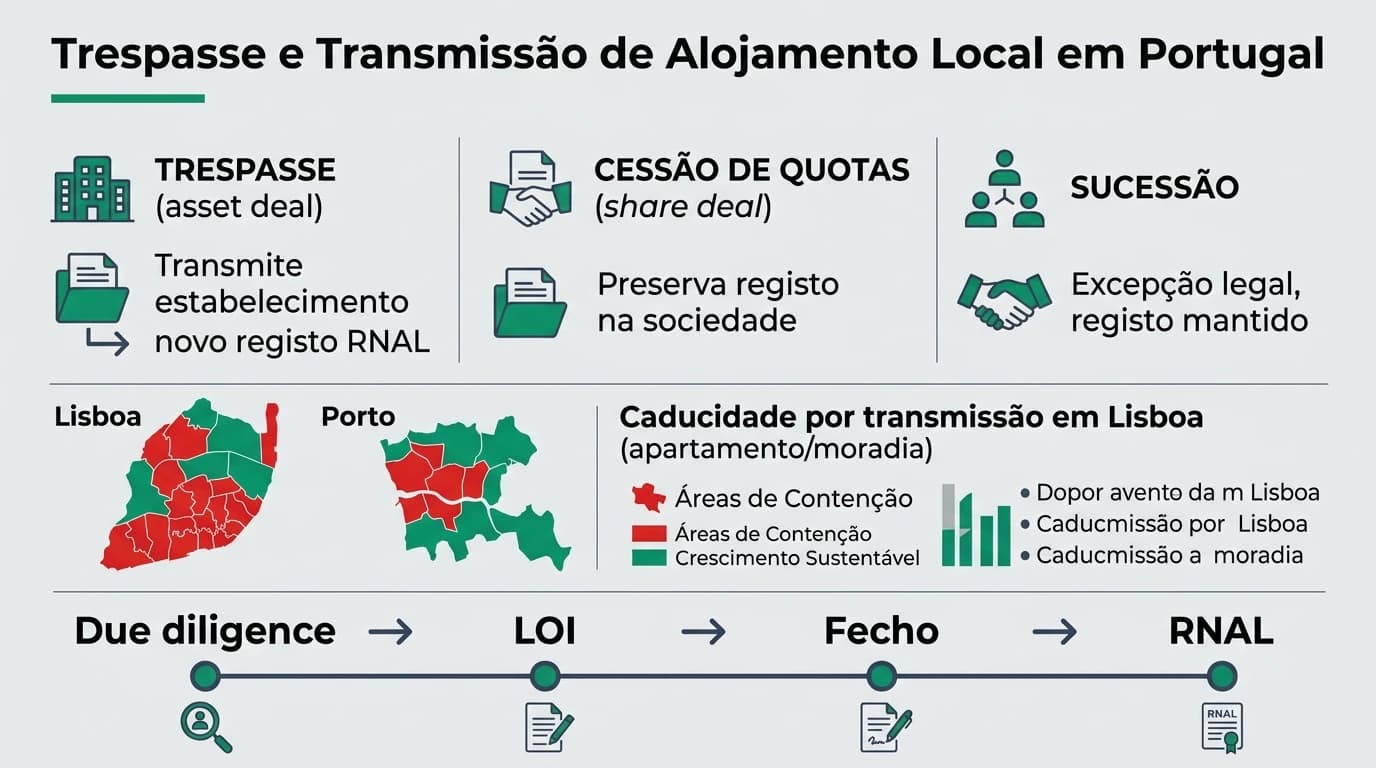 Infográfico profissional em português: trespasse versus cessão de quotas no alojamento local, com mapa conceptual de áreas de contenção em Lisboa e Porto, caducidade do registo RNAL e calendário de due diligence antes do fecho.