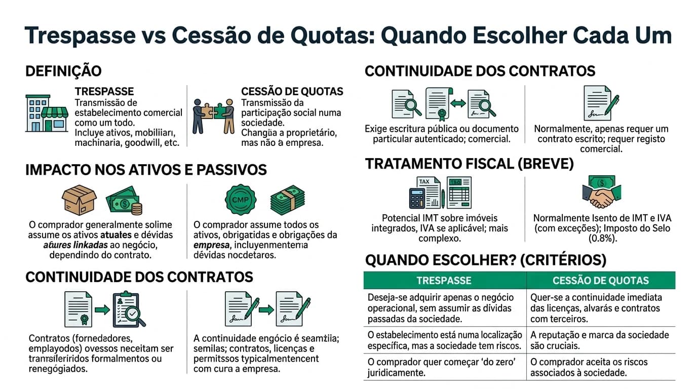 Infográfico comparativo trespasse vs cessão de quotas.